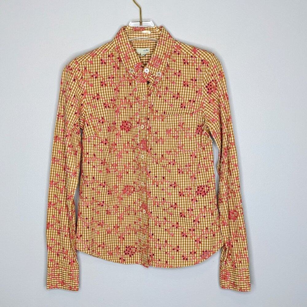 Anthropologie Odille Yellow Gingham Print Embroidered Eyelet Button Up Size 0
